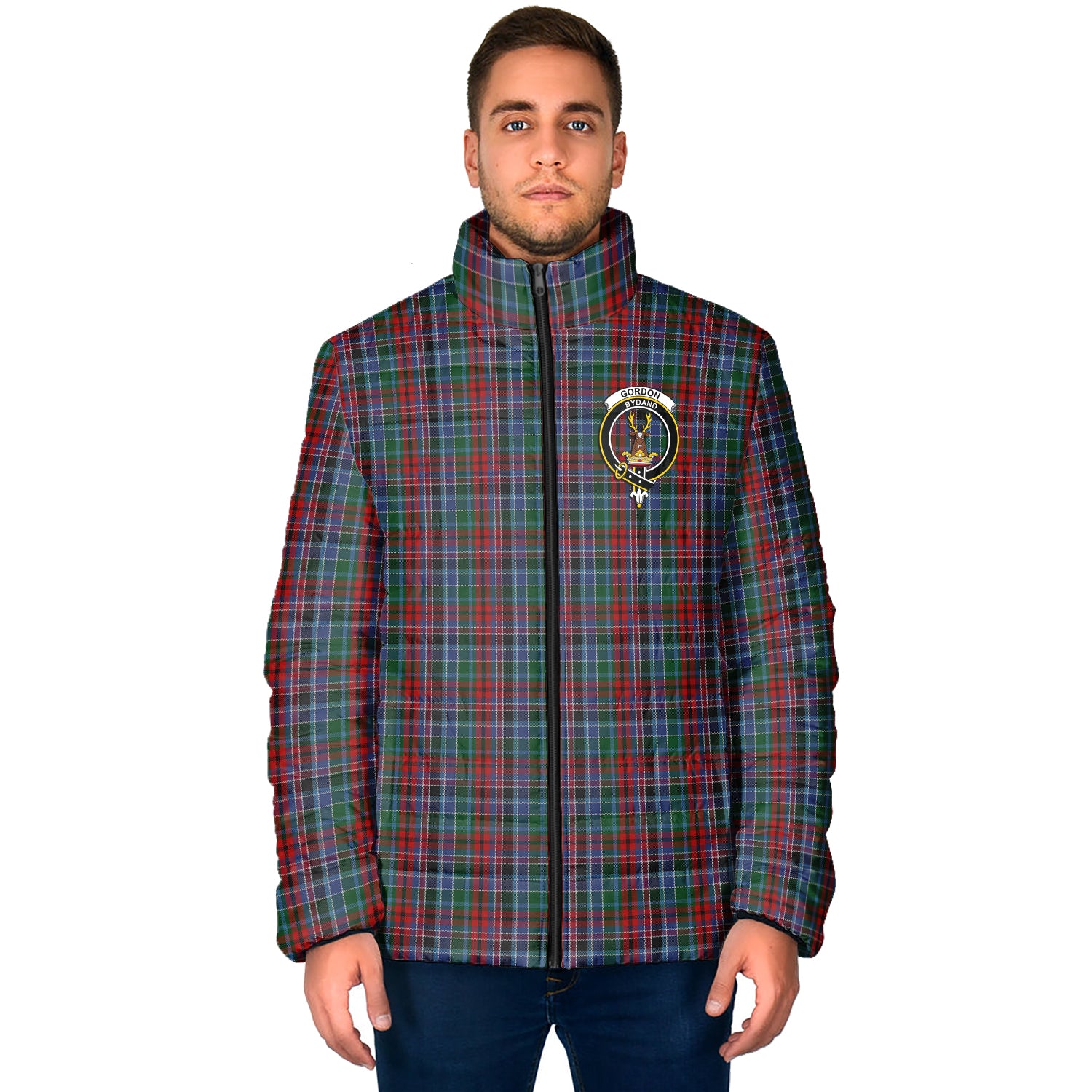 Gordon Red Tartan Padded Jacket with Family Crest - Tartanvibesclothing