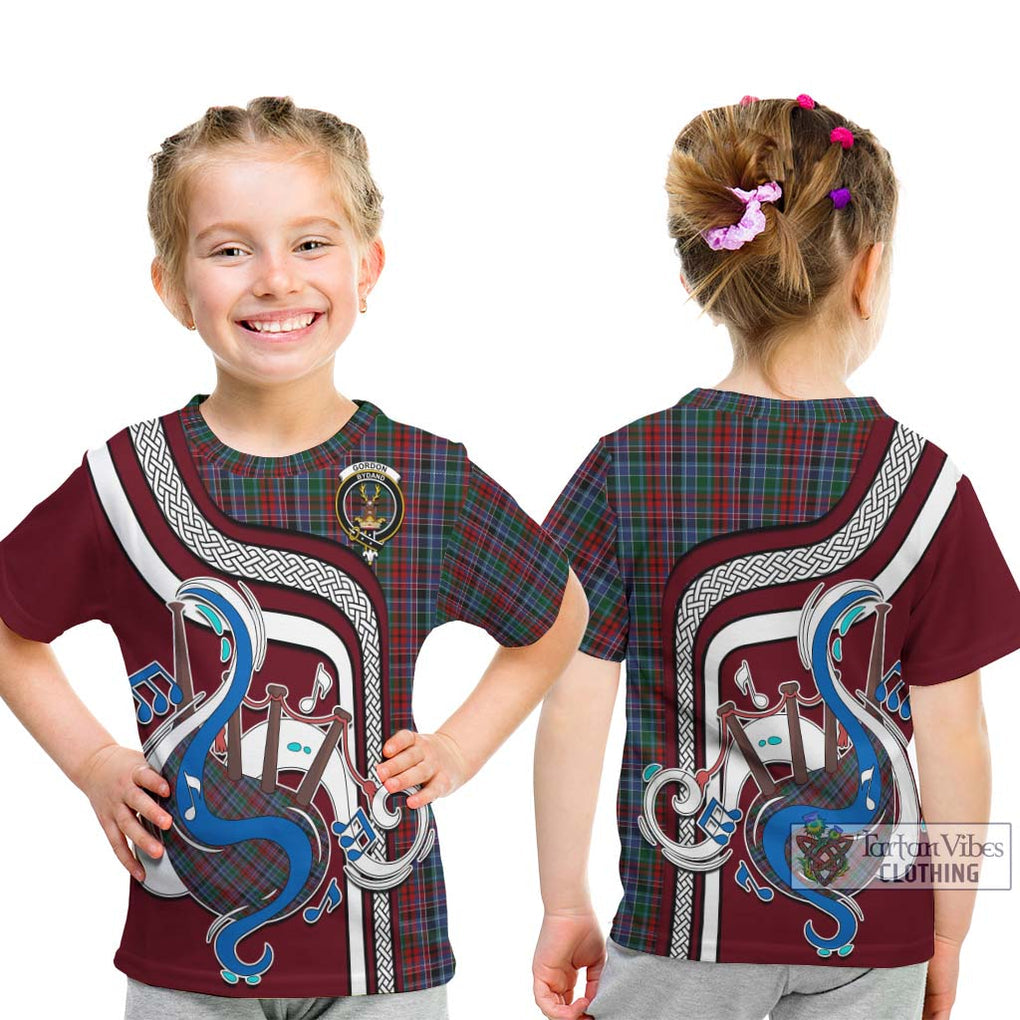 Tartan Vibes Clothing Gordon Red Tartan Kid T-Shirt with Epic Bagpipe Style