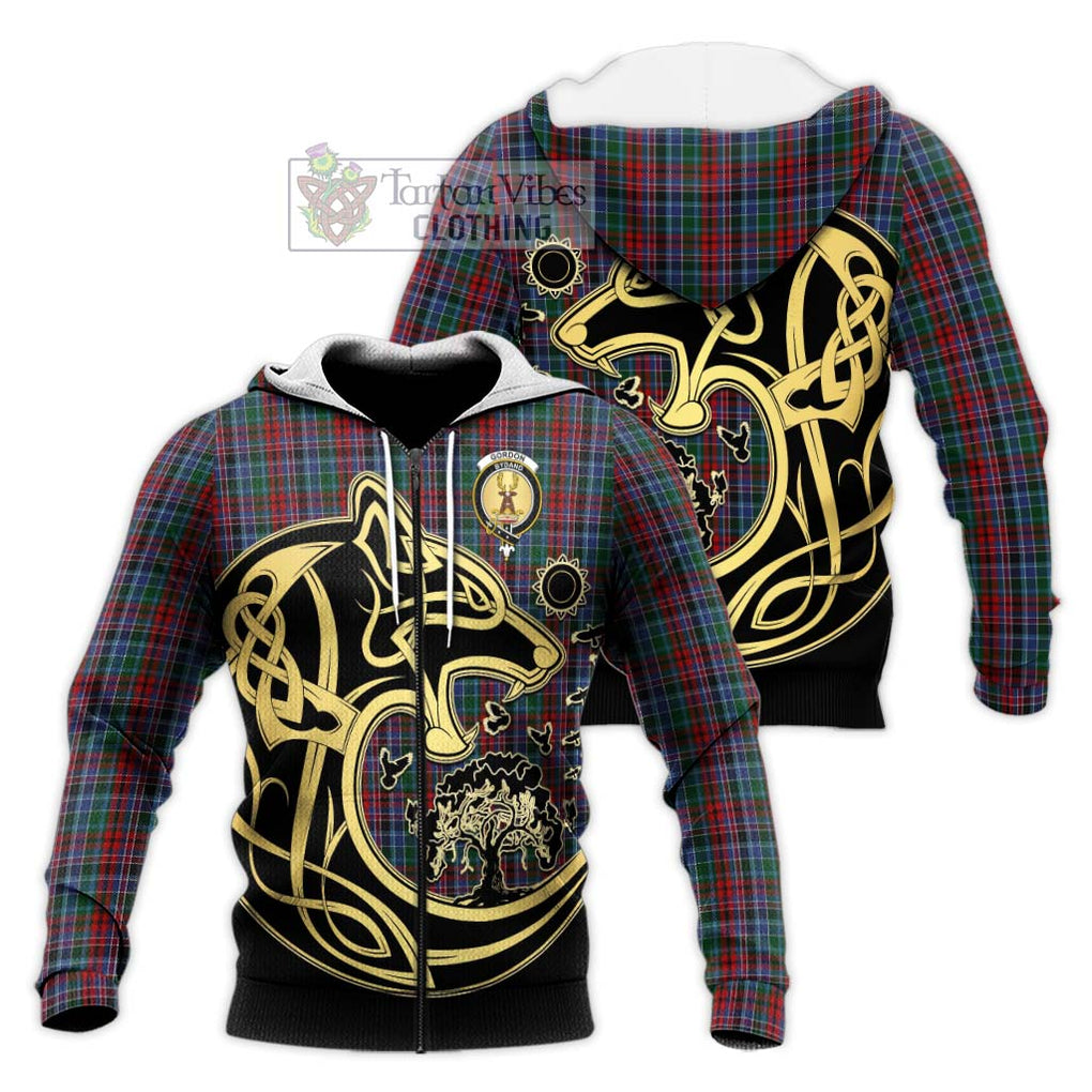 Gordon Red Tartan Knitted Hoodie with Family Crest Celtic Wolf Style Unisex Knitted Zip Hoodie - Tartan Vibes Clothing