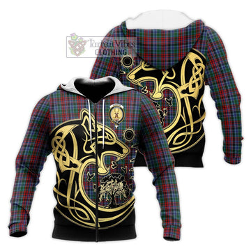 Gordon Red Tartan Knitted Hoodie with Family Crest Celtic Wolf Style