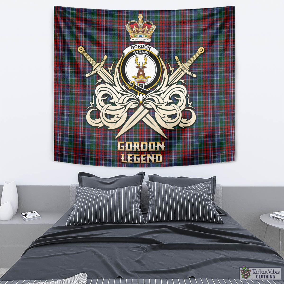 Tartan Vibes Clothing Gordon Red Tartan Tapestry with Clan Crest and the Golden Sword of Courageous Legacy