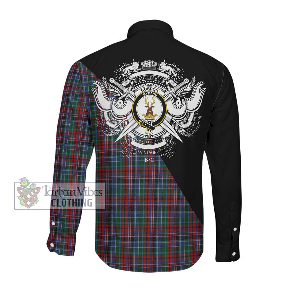 Gordon Red Tartan Long Sleeve Button Shirt with Family Crest and Military Logo Style Men's Shirt - Tartanvibesclothing Shop