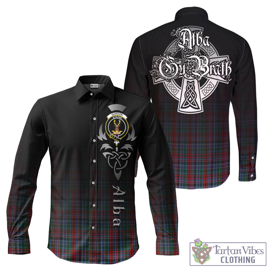 Tartan Vibes Clothing Gordon Red Tartan Long Sleeve Button Up Featuring Alba Gu Brath Family Crest Celtic Inspired