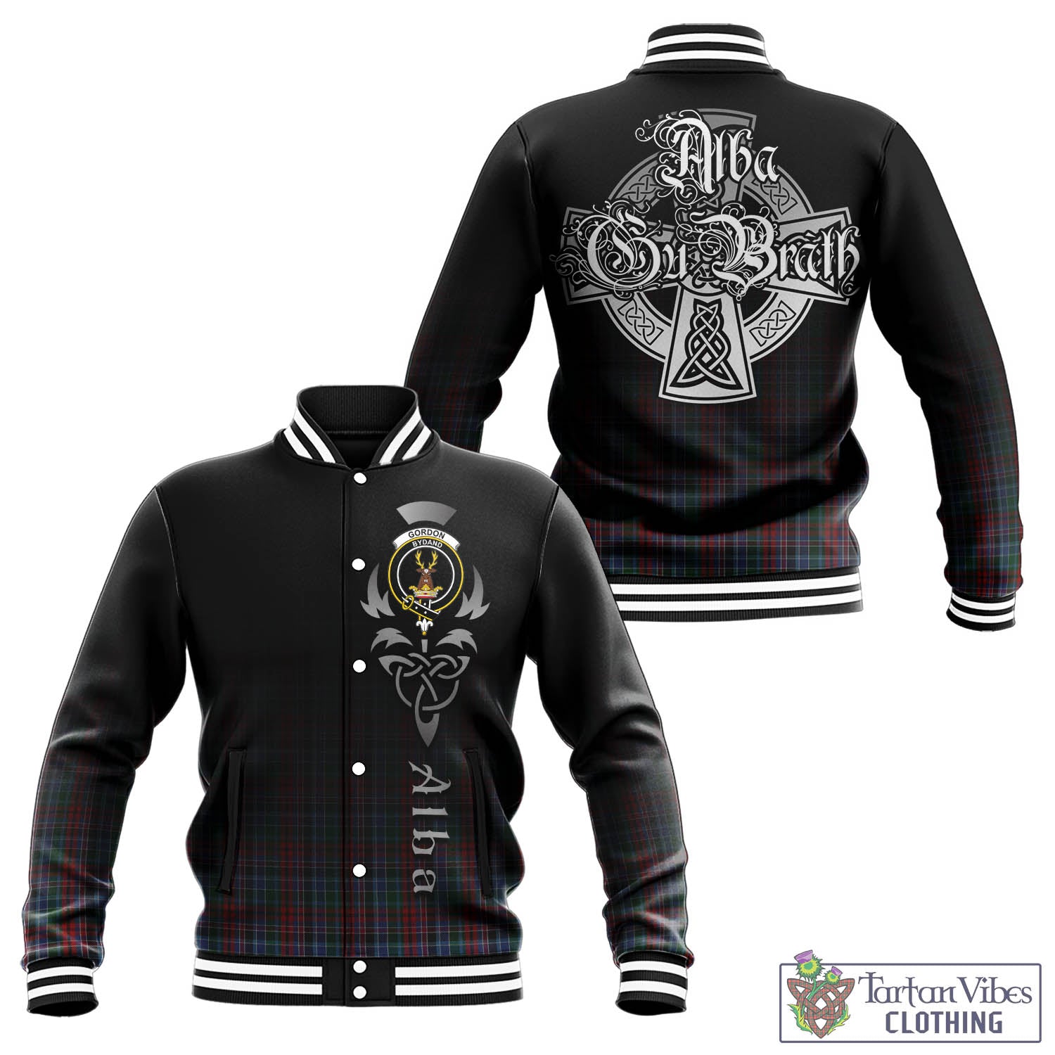 Tartan Vibes Clothing Gordon Red Tartan Baseball Jacket Featuring Alba Gu Brath Family Crest Celtic Inspired