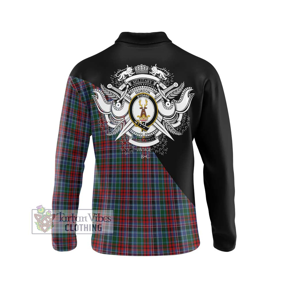 Gordon Red Tartan Long Sleeve Polo Shirt with Family Crest and Military Logo Style - Tartanvibesclothing Shop