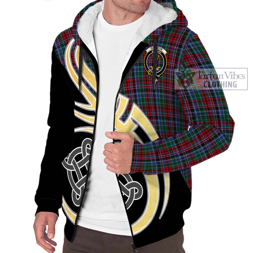 Gordon Red Tartan Sherpa Hoodie with Family Crest and Celtic Symbol Style - Tartan Vibes Clothing