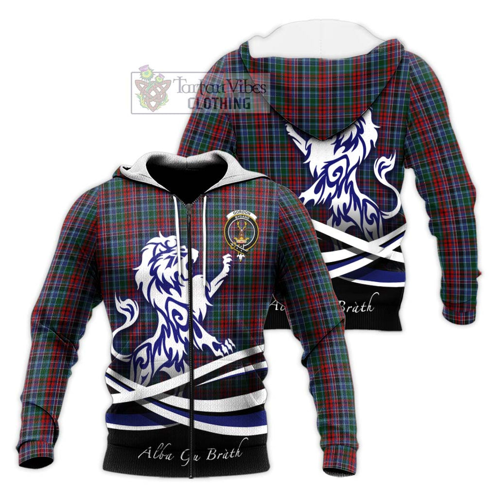 Gordon Red Tartan Knitted Hoodie with Alba Gu Brath Regal Lion Emblem Unisex Knitted Zip Hoodie - Tartanvibesclothing Shop