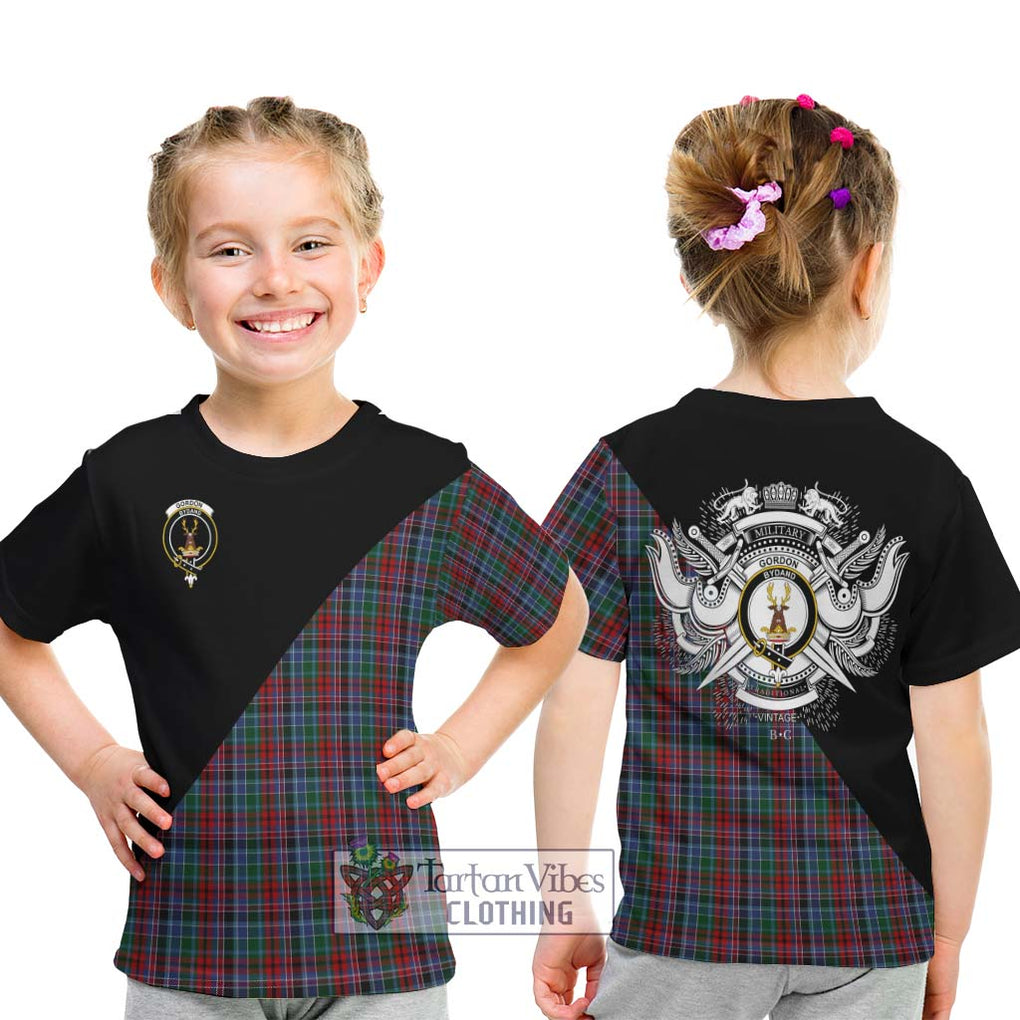 Gordon Red Tartan Kid T-Shirt with Family Crest and Military Logo Style - Tartanvibesclothing Shop