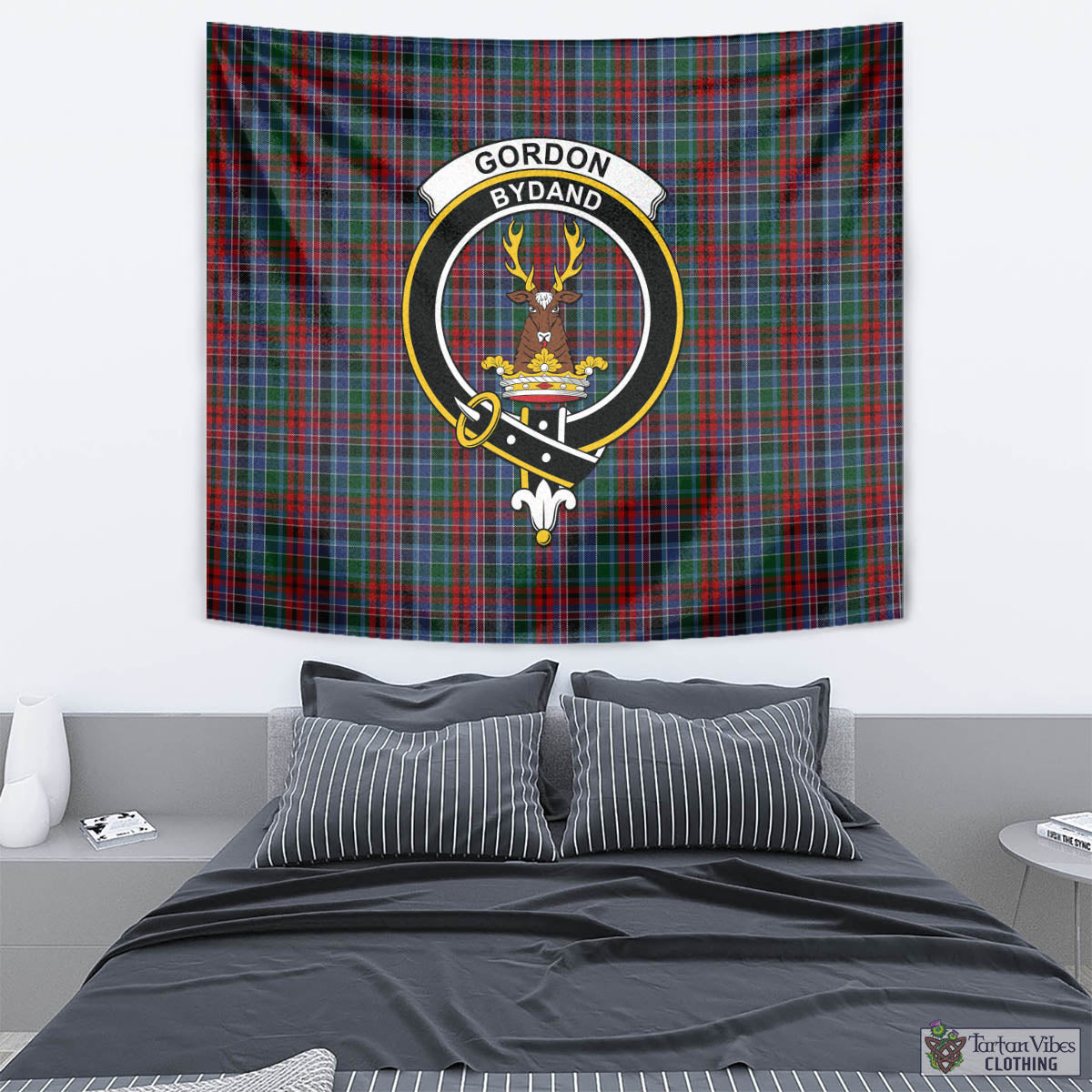 Tartan Vibes Clothing Gordon Red Tartan Tapestry Wall Hanging and Home Decor for Room with Family Crest