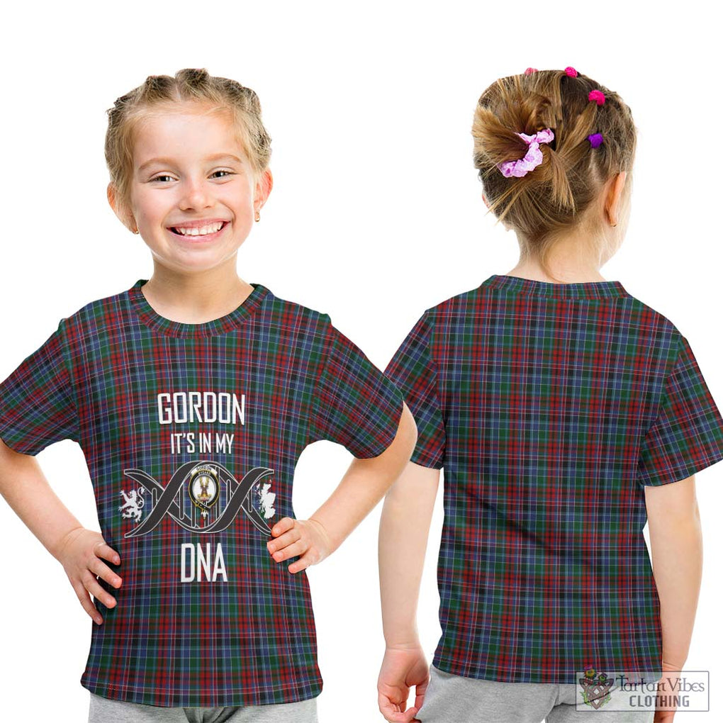 Gordon Red Tartan Kid T-Shirt with Family Crest DNA In Me Style - Tartanvibesclothing Shop