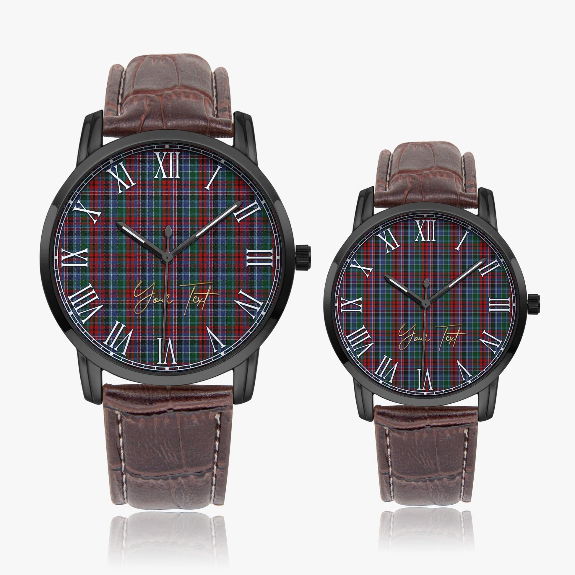 Gordon Red Tartan Personalized Your Text Leather Trap Quartz Watch Wide Type Black Case With Brown Leather Strap - Tartanvibesclothing