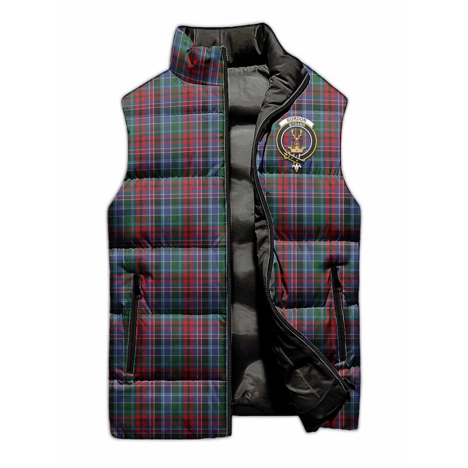 Gordon Red Tartan Sleeveless Puffer Jacket with Family Crest - Tartanvibesclothing