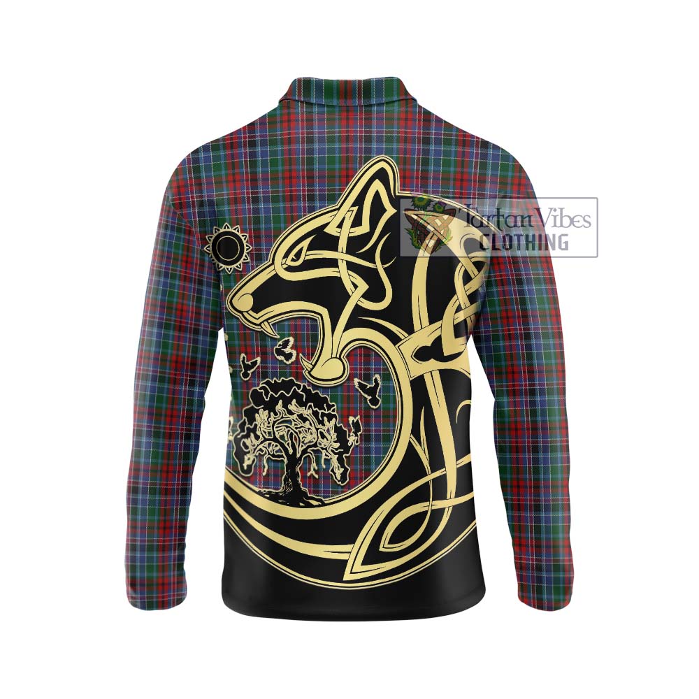 Gordon Red Tartan Long Sleeve Polo Shirt with Family Crest Celtic Wolf Style - Tartanvibesclothing Shop