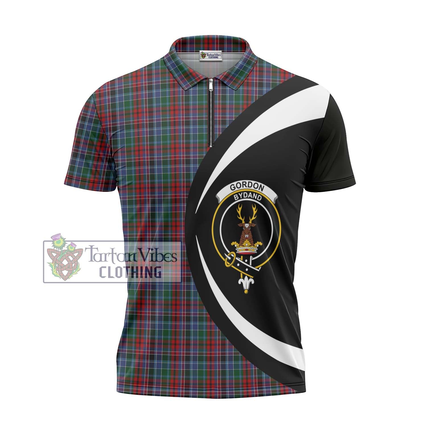 Tartan Vibes Clothing Gordon Red Tartan Zipper Polo Shirt with Family Crest Circle Style