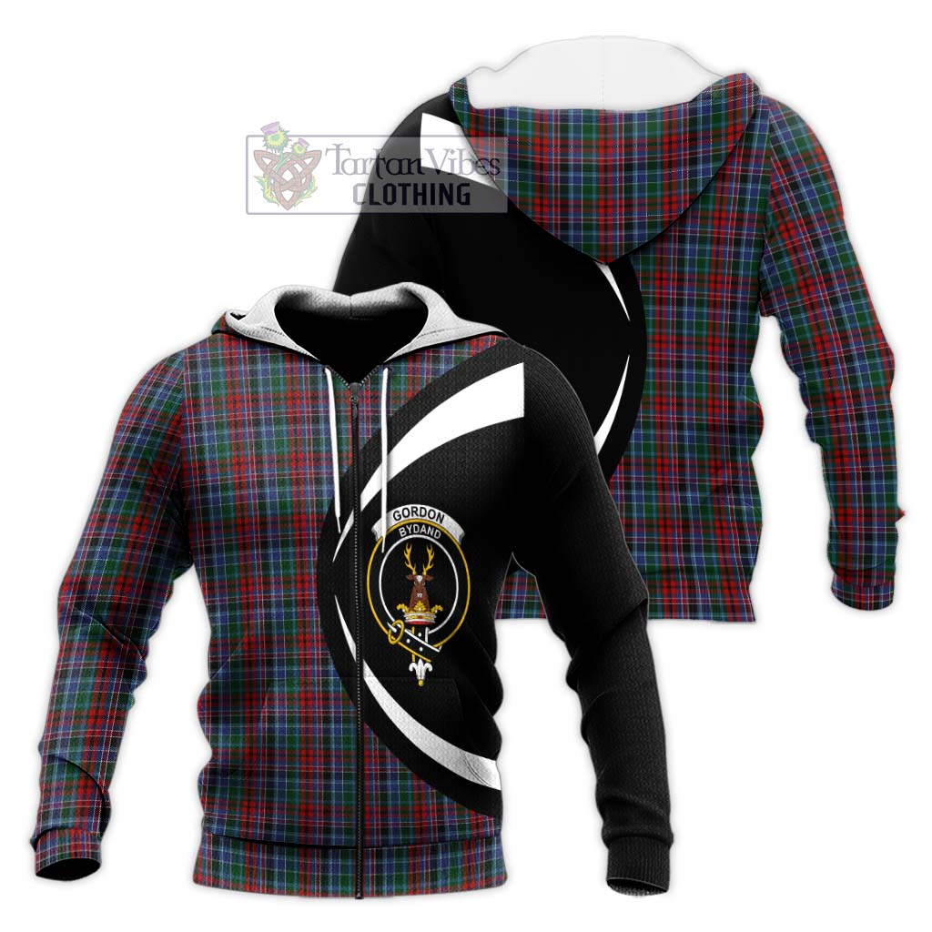 Gordon Red Tartan Knitted Hoodie with Family Crest Circle Style Unisex Knitted Zip Hoodie - Tartan Vibes Clothing