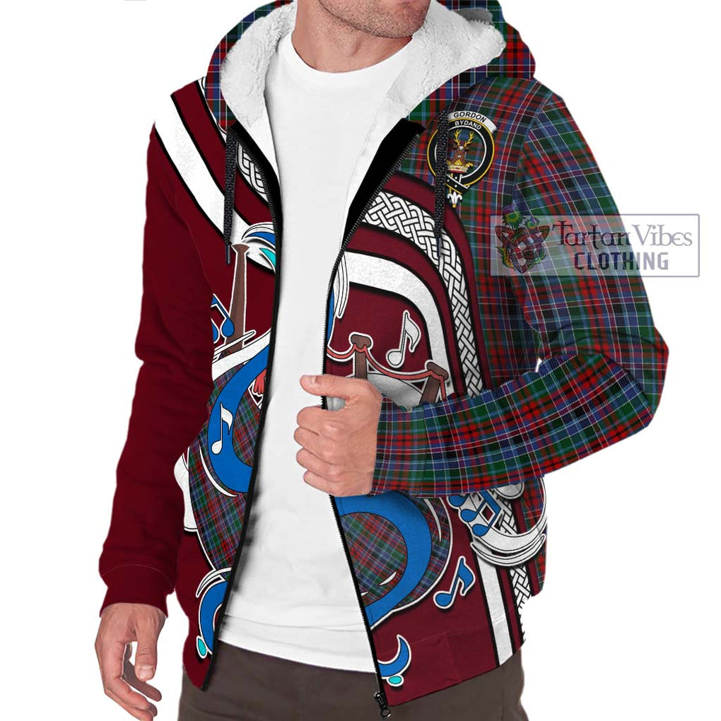 Gordon Red Tartan Sherpa Hoodie with Epic Bagpipe Style Unisex - Tartanvibesclothing Shop