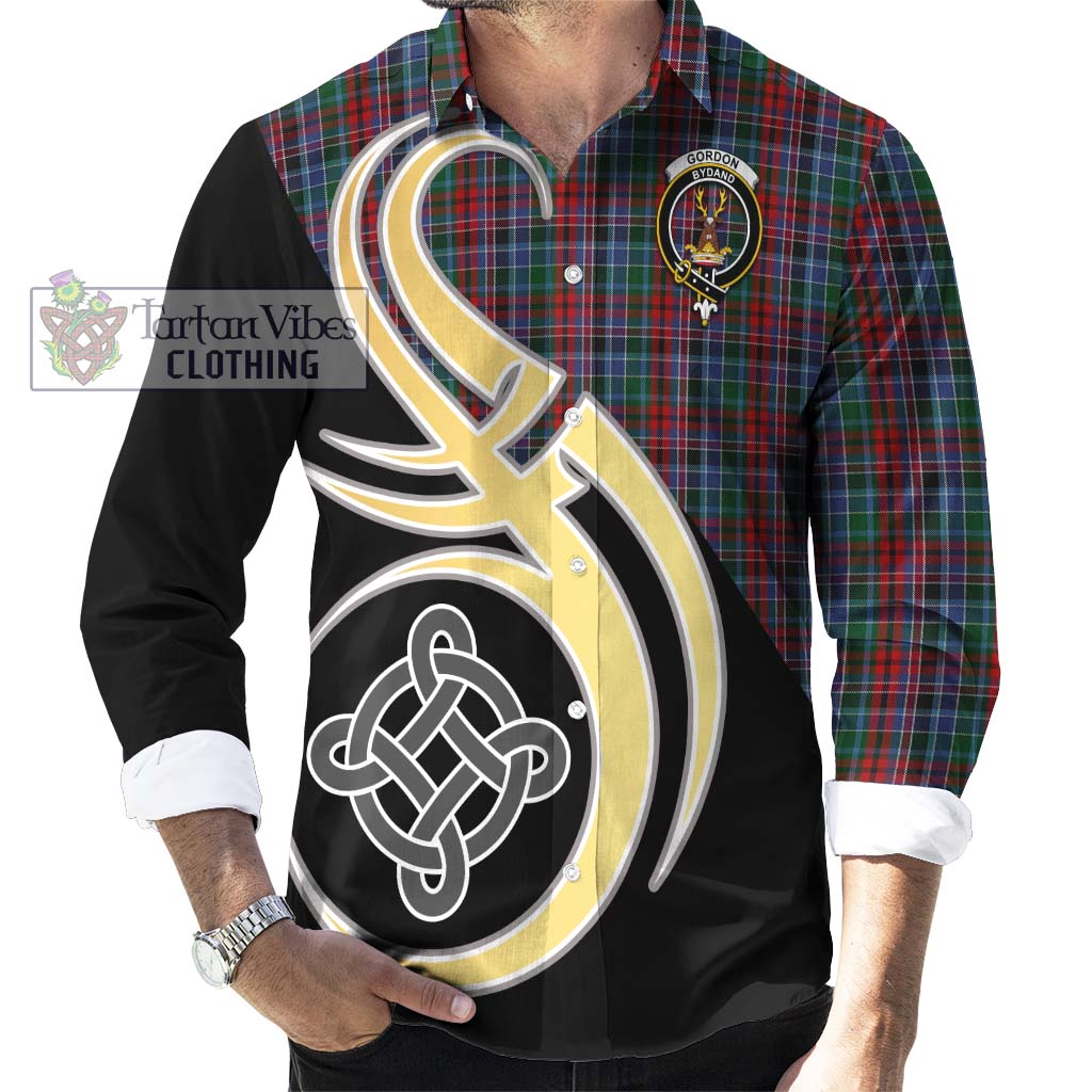 Gordon Red Tartan Long Sleeve Button Shirt with Family Crest and Celtic Symbol Style - Tartan Vibes Clothing