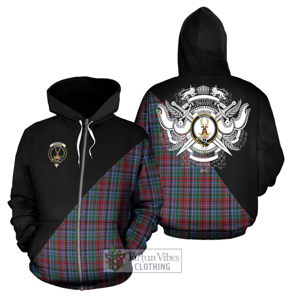 Gordon Red Tartan Hoodie with Family Crest and Military Logo Style - Tartanvibesclothing Shop