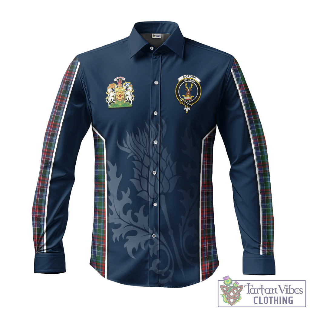 Tartan Vibes Clothing Gordon Red Tartan Long Sleeve Button Up Shirt with Family Crest and Scottish Thistle Vibes Sport Style