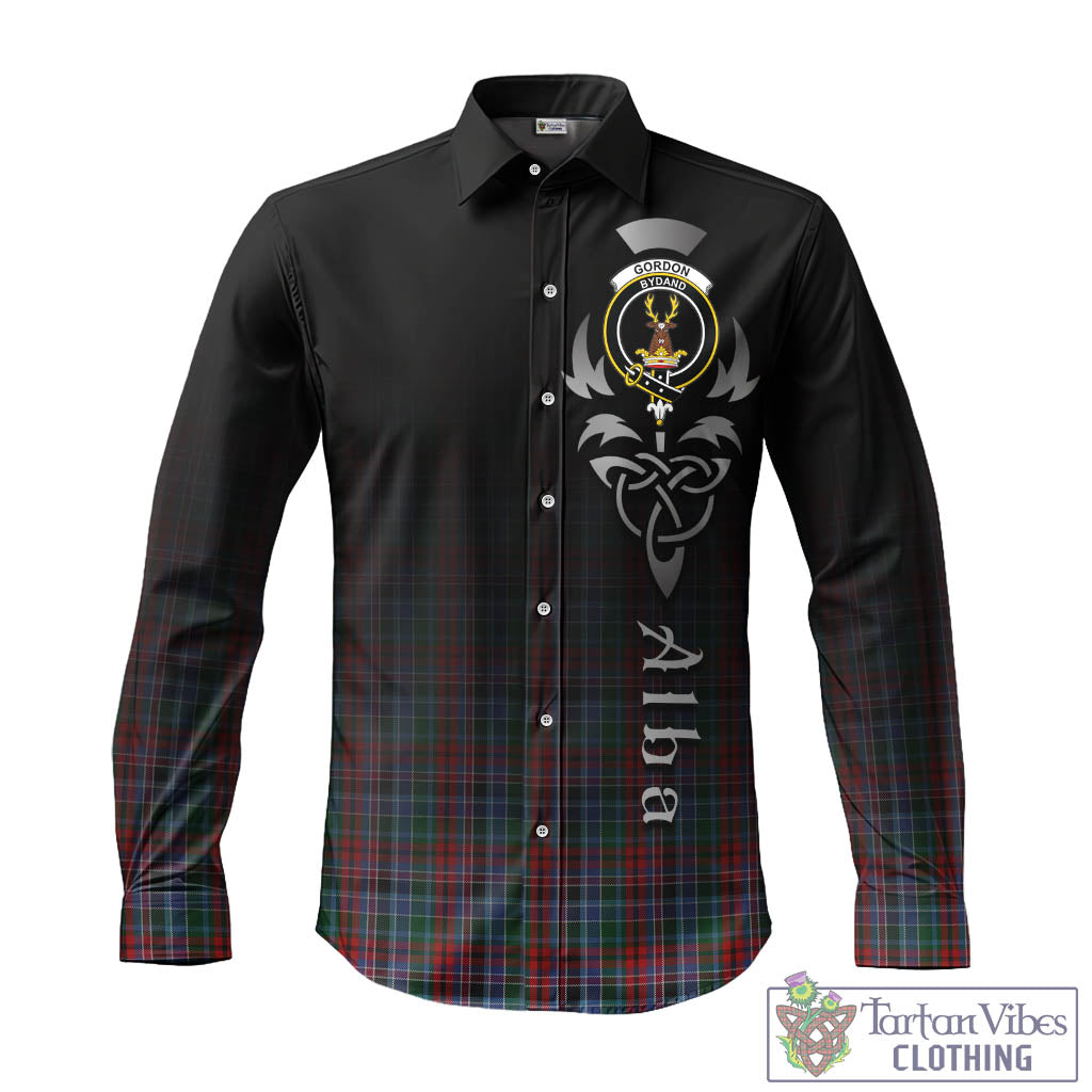 Tartan Vibes Clothing Gordon Red Tartan Long Sleeve Button Up Featuring Alba Gu Brath Family Crest Celtic Inspired