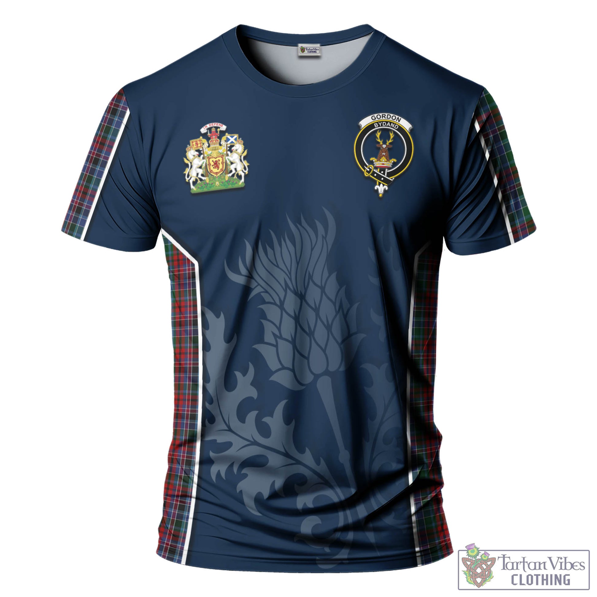 Tartan Vibes Clothing Gordon Red Tartan T-Shirt with Family Crest and Scottish Thistle Vibes Sport Style