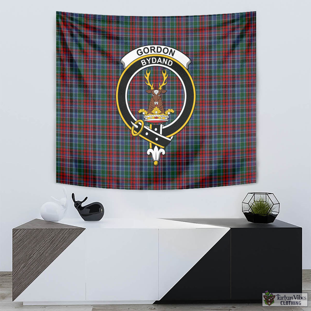 Tartan Vibes Clothing Gordon Red Tartan Tapestry Wall Hanging and Home Decor for Room with Family Crest