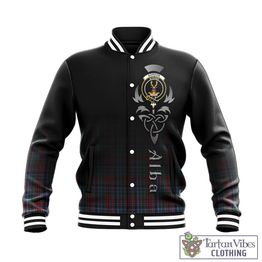 Tartan Vibes Clothing Gordon Red Tartan Baseball Jacket Featuring Alba Gu Brath Family Crest Celtic Inspired