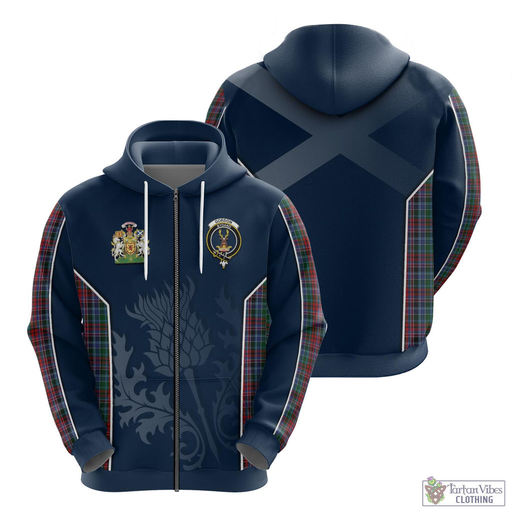 Tartan Vibes Clothing Gordon Red Tartan Hoodie with Family Crest and Scottish Thistle Vibes Sport Style