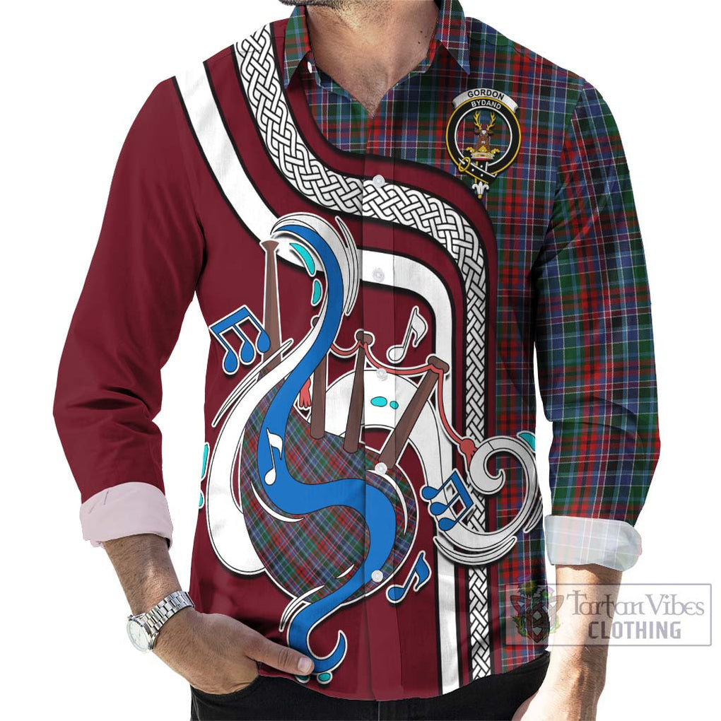 Gordon Red Tartan Long Sleeve Button Shirt with Epic Bagpipe Style - Tartanvibesclothing Shop