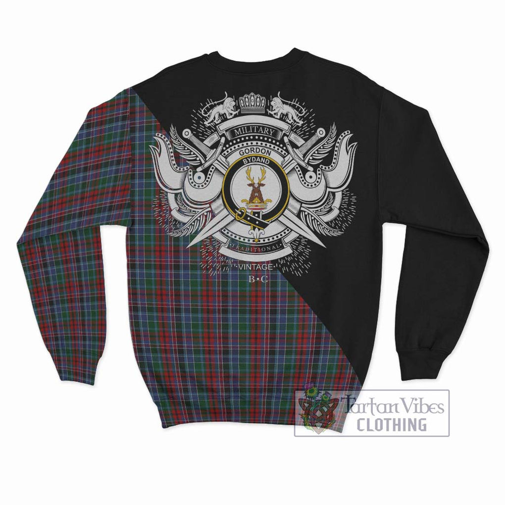 Gordon Red Tartan Sweatshirt with Family Crest and Military Logo Style - Tartanvibesclothing Shop