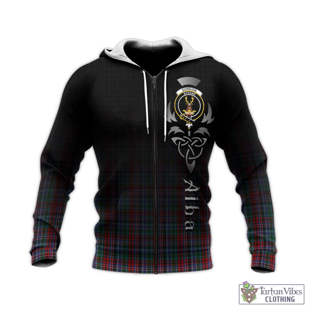 Tartan Vibes Clothing Gordon Red Tartan Knitted Hoodie Featuring Alba Gu Brath Family Crest Celtic Inspired