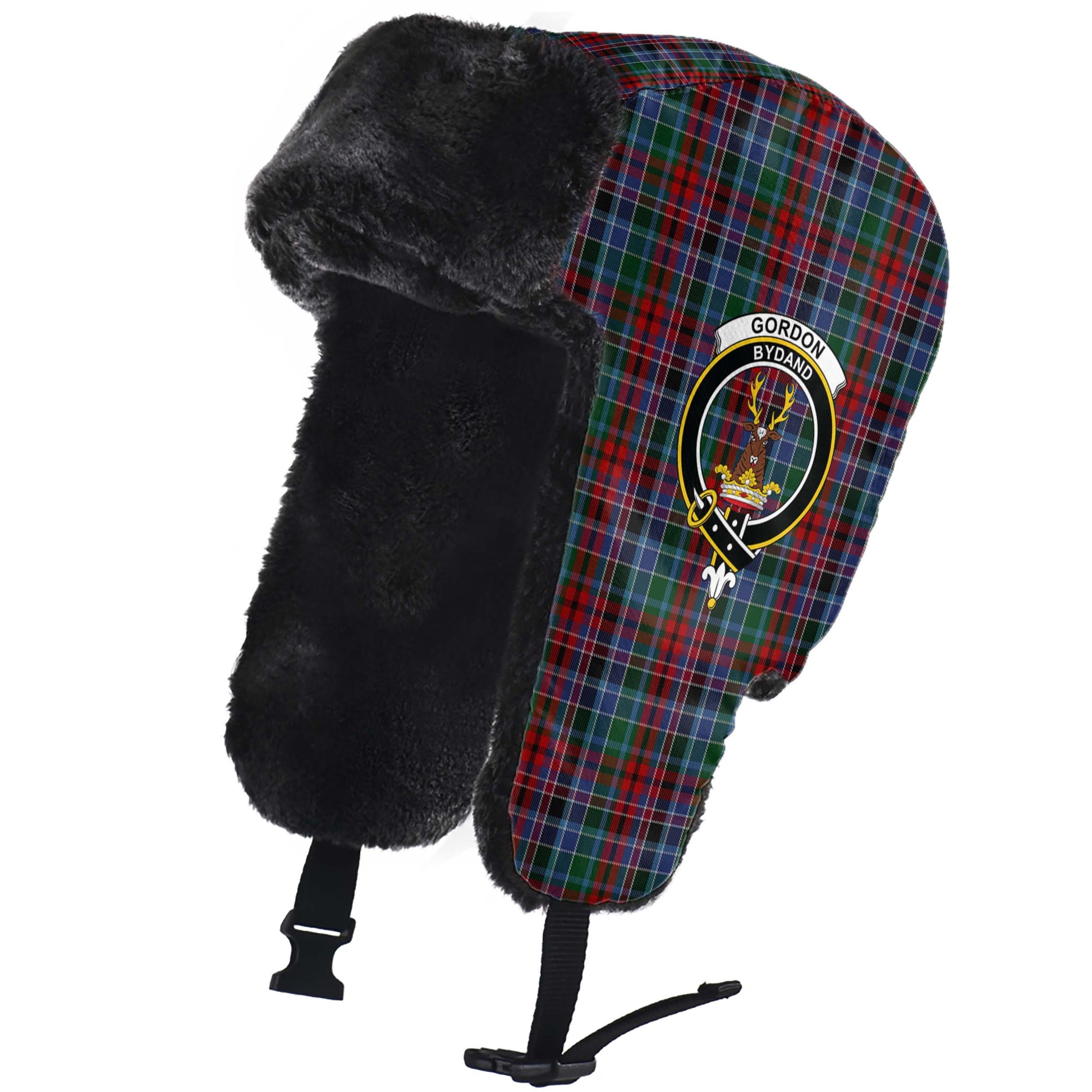 Gordon Red Tartan Winter Trapper Hat with Family Crest - Tartanvibesclothing