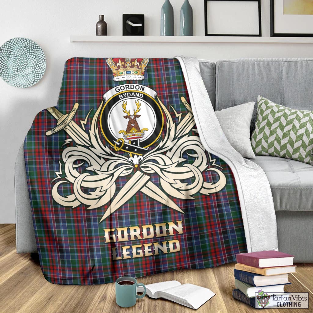 Tartan Vibes Clothing Gordon Red Tartan Blanket with Clan Crest and the Golden Sword of Courageous Legacy