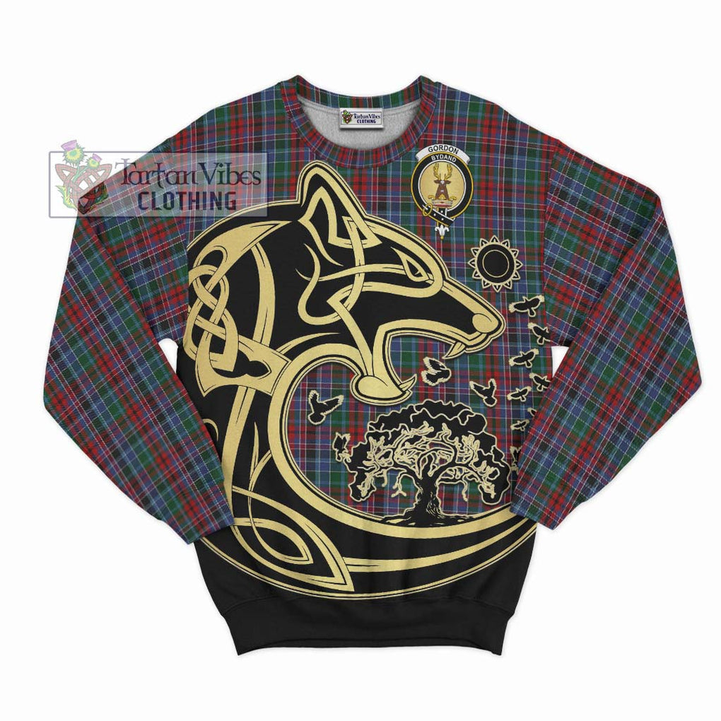 Gordon Red Tartan Sweatshirt with Family Crest Celtic Wolf Style - Tartan Vibes Clothing