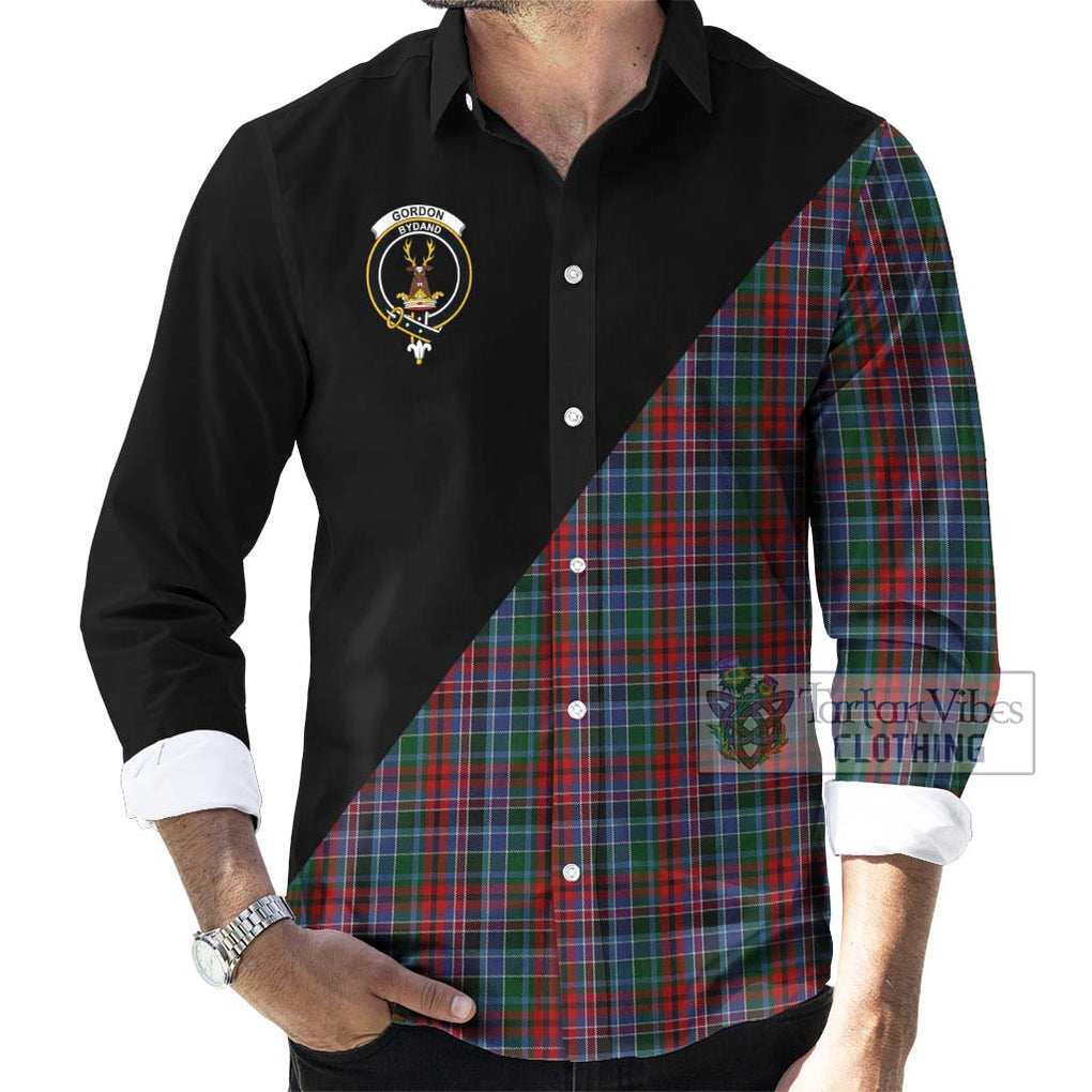 Gordon Red Tartan Long Sleeve Button Shirt with Family Crest and Military Logo Style - Tartanvibesclothing Shop