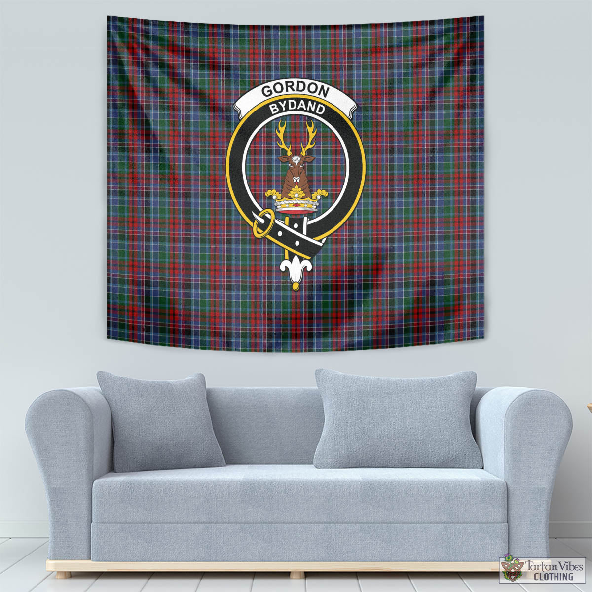 Tartan Vibes Clothing Gordon Red Tartan Tapestry Wall Hanging and Home Decor for Room with Family Crest