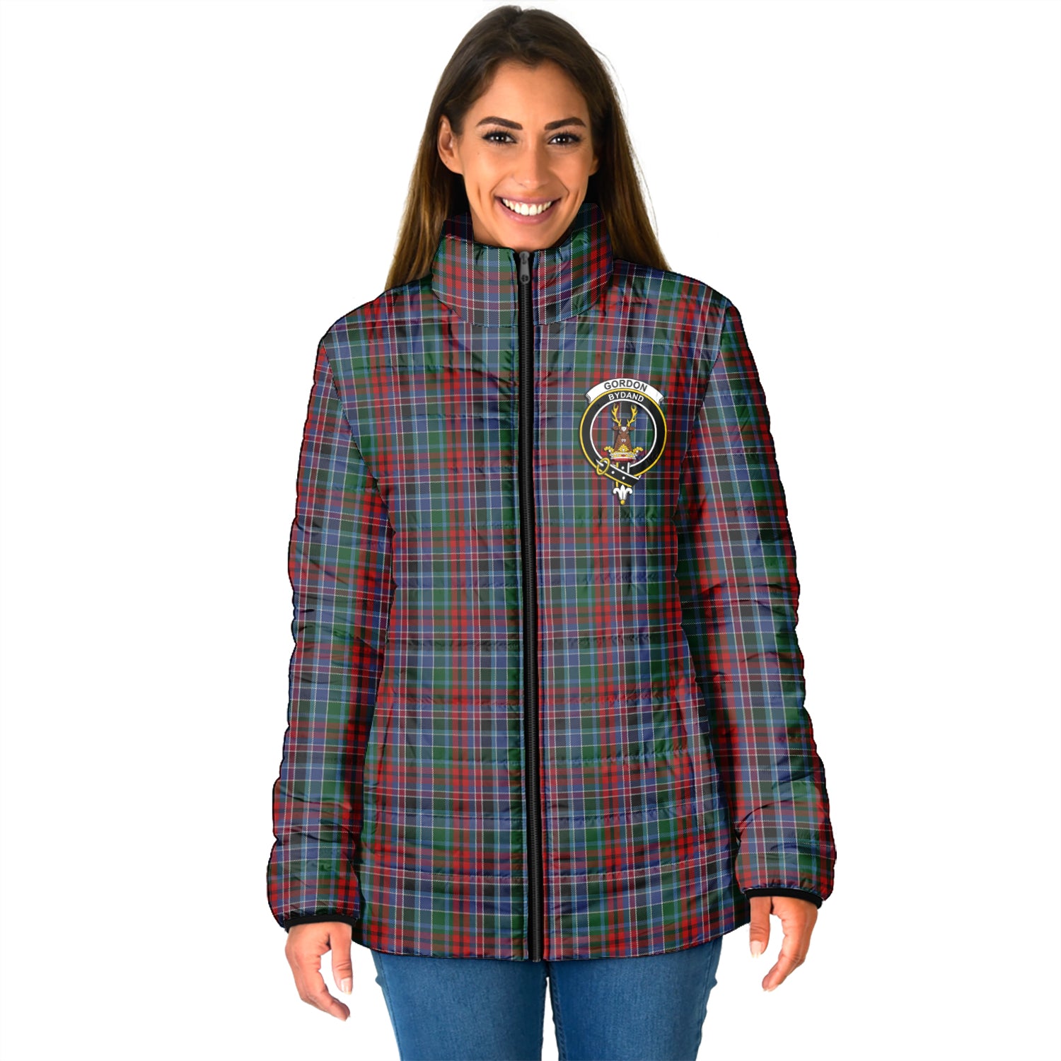 Gordon Red Tartan Padded Jacket with Family Crest - Tartanvibesclothing