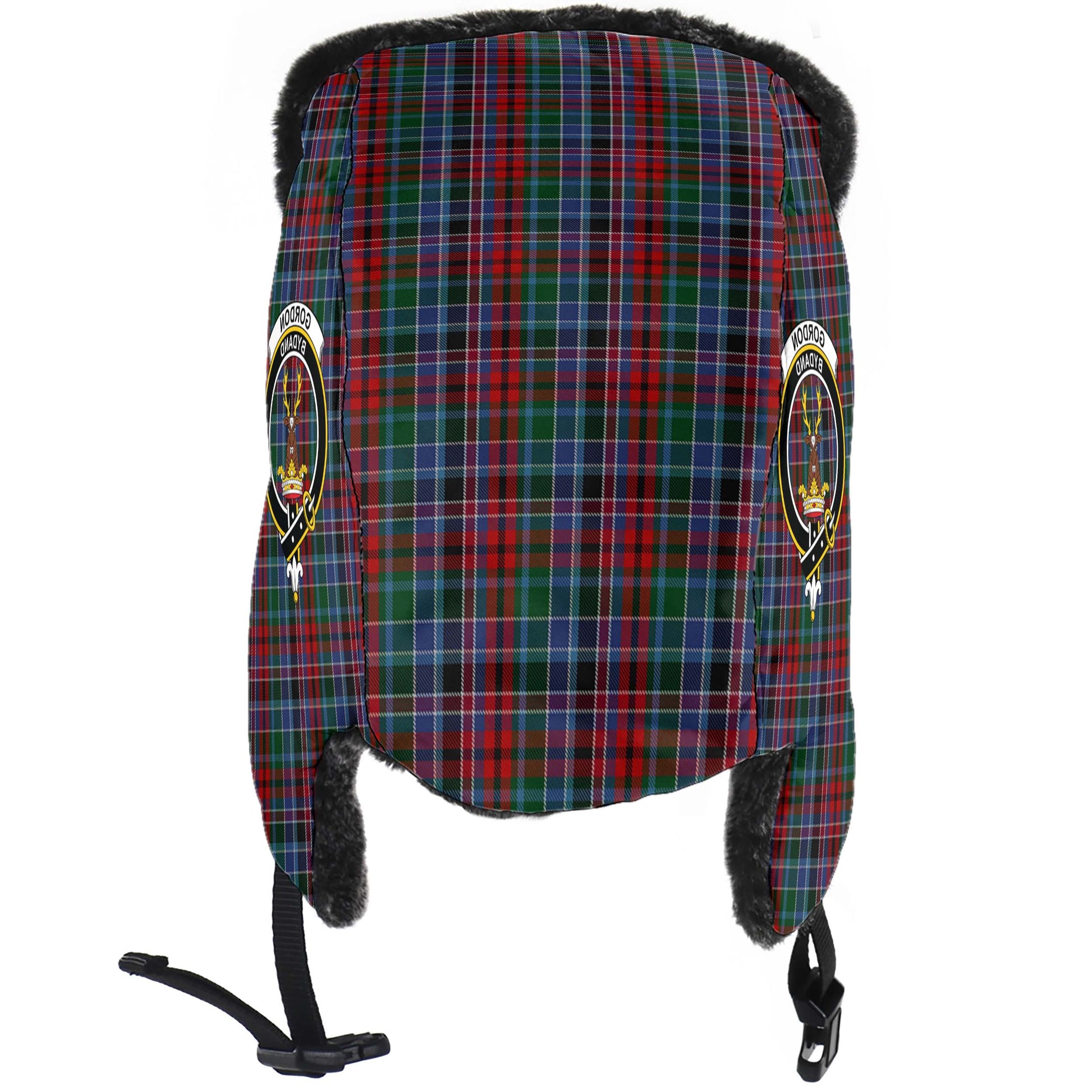 Gordon Red Tartan Winter Trapper Hat with Family Crest - Tartanvibesclothing