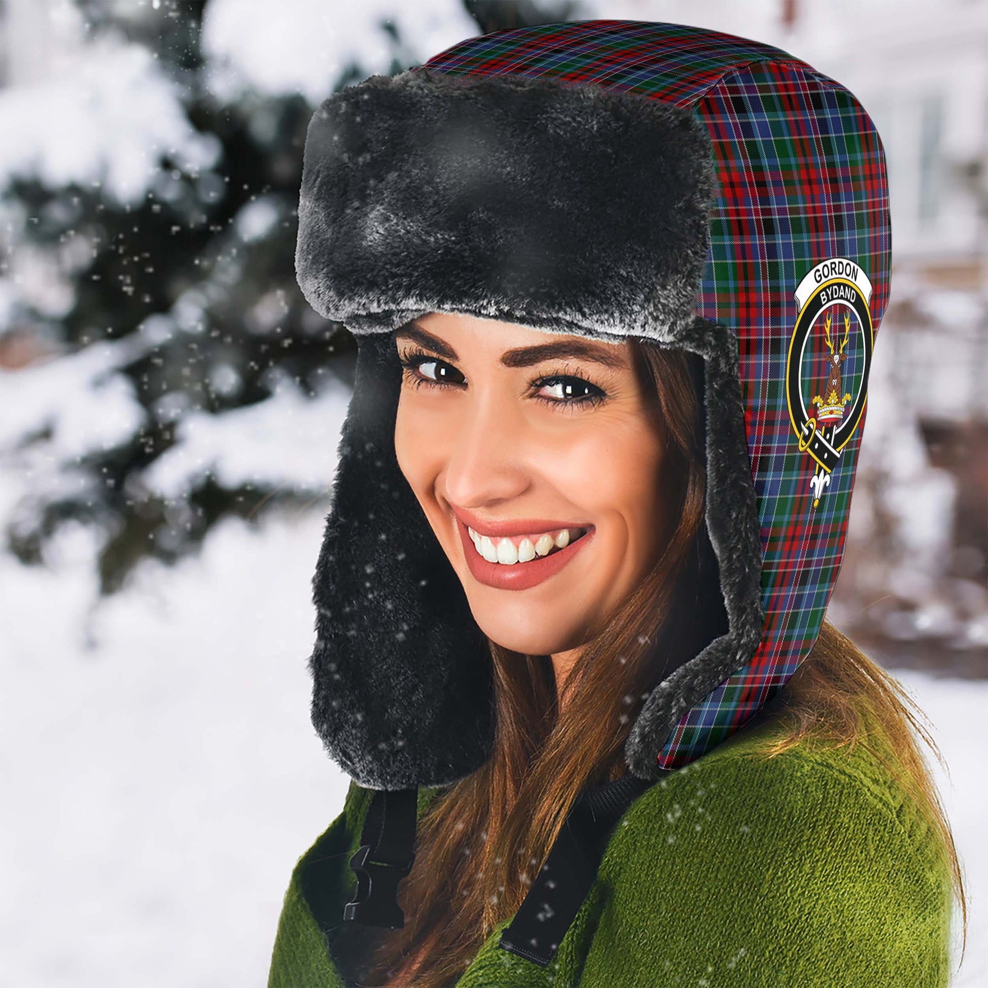 Gordon Red Tartan Winter Trapper Hat with Family Crest - Tartanvibesclothing