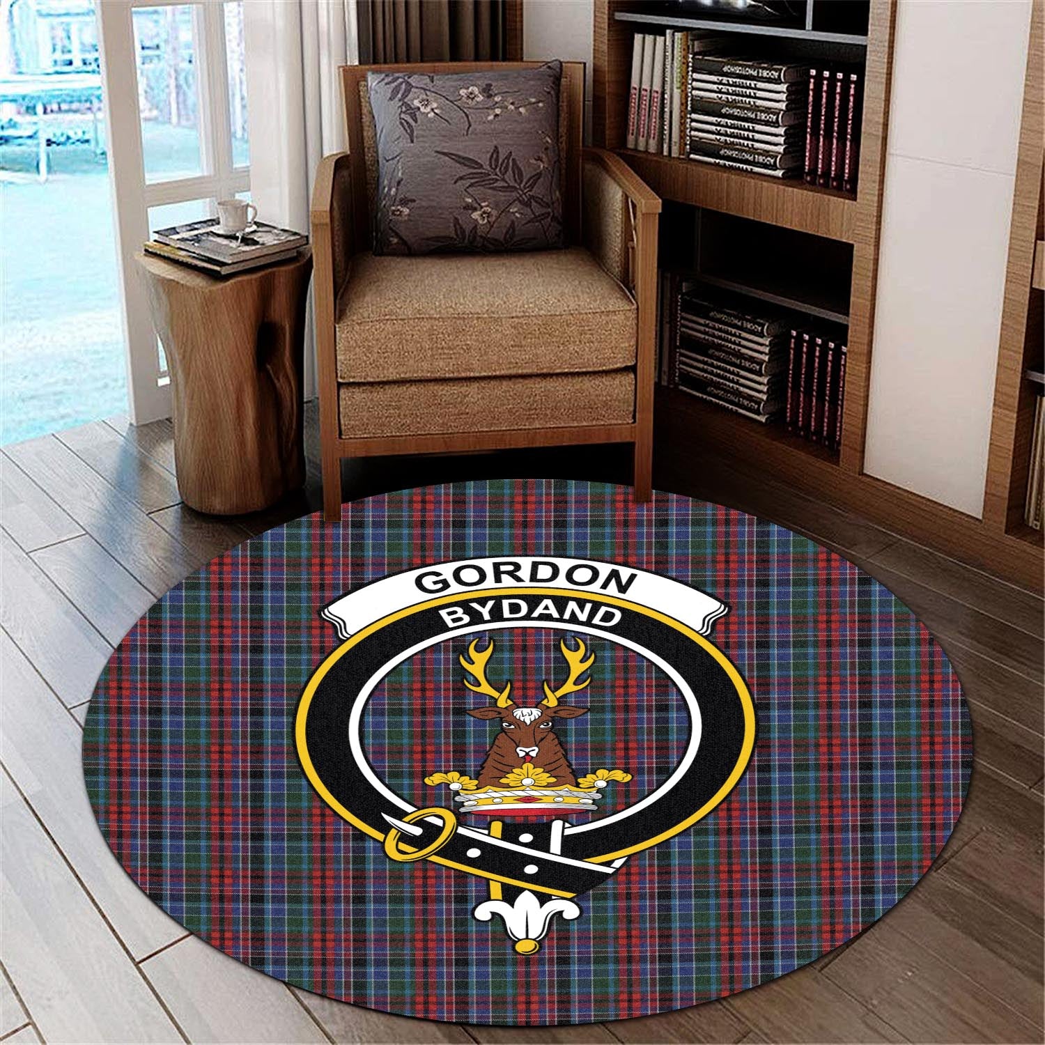 gordon-red-tartan-round-rug-with-family-crest