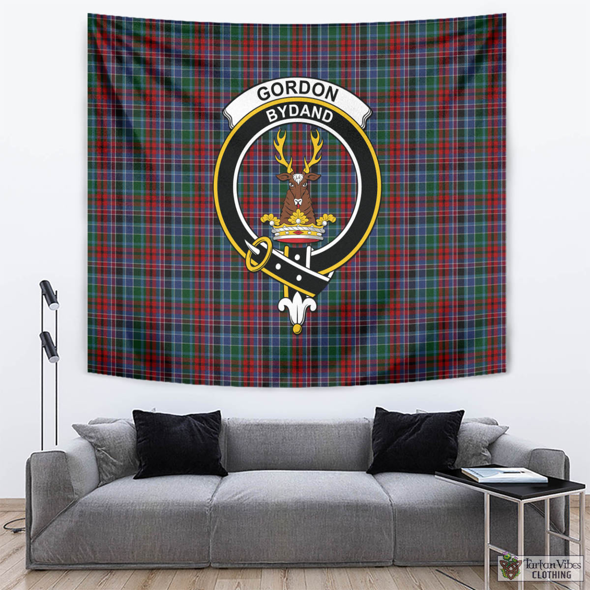 Tartan Vibes Clothing Gordon Red Tartan Tapestry Wall Hanging and Home Decor for Room with Family Crest