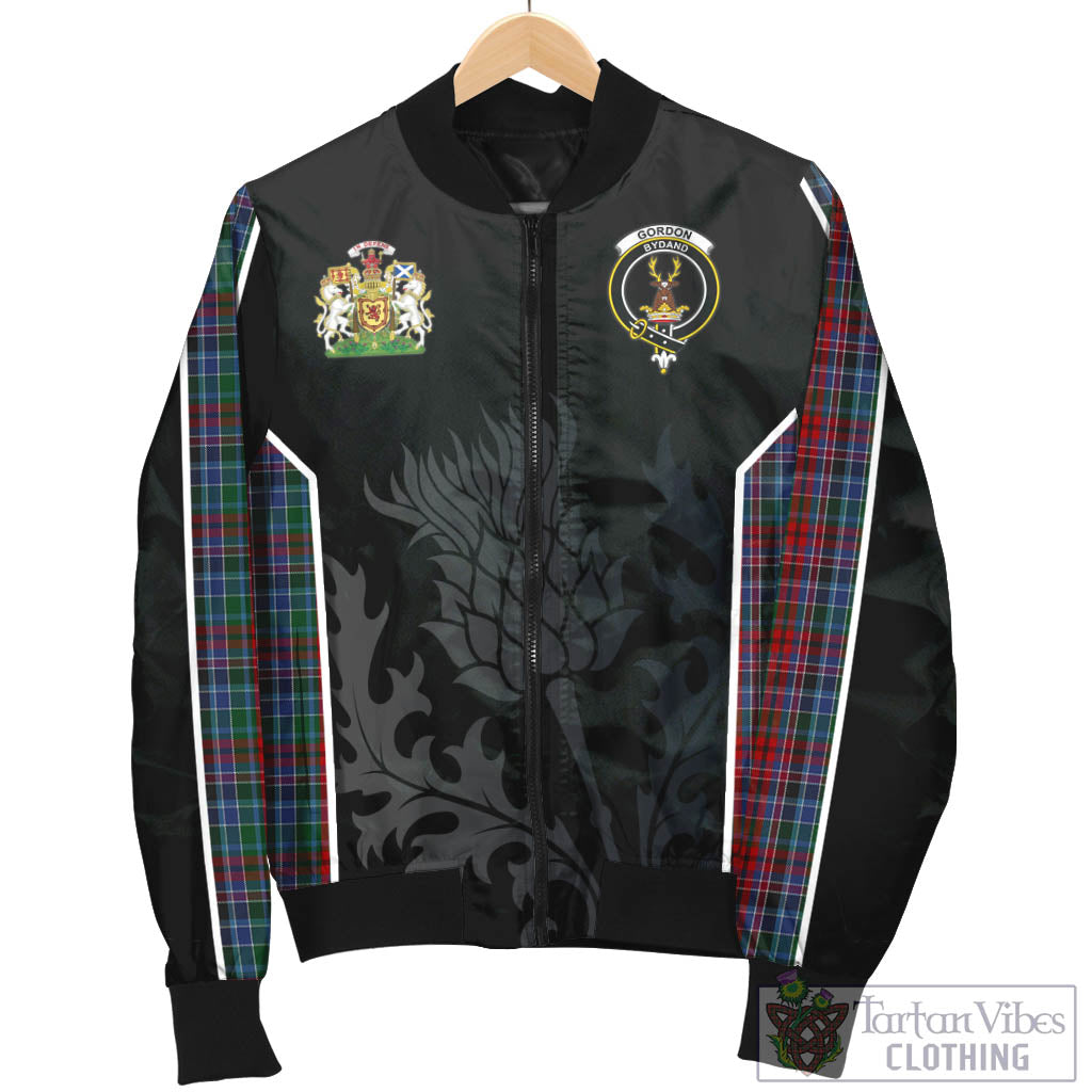 Tartan Vibes Clothing Gordon Red Tartan Bomber Jacket with Family Crest and Scottish Thistle Vibes Sport Style