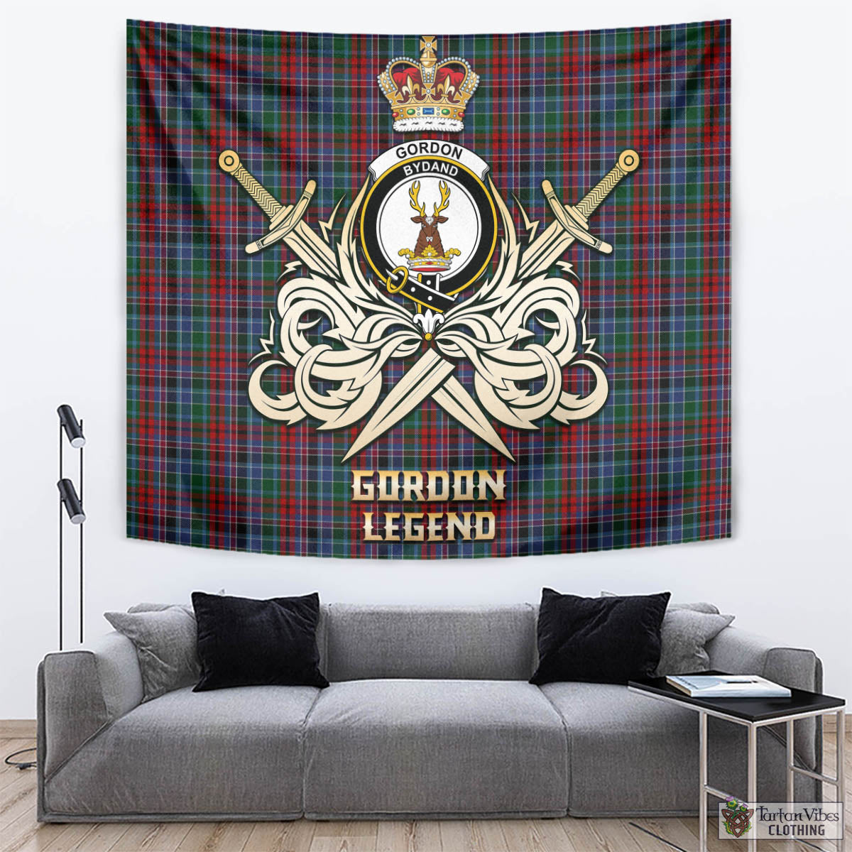 Tartan Vibes Clothing Gordon Red Tartan Tapestry with Clan Crest and the Golden Sword of Courageous Legacy