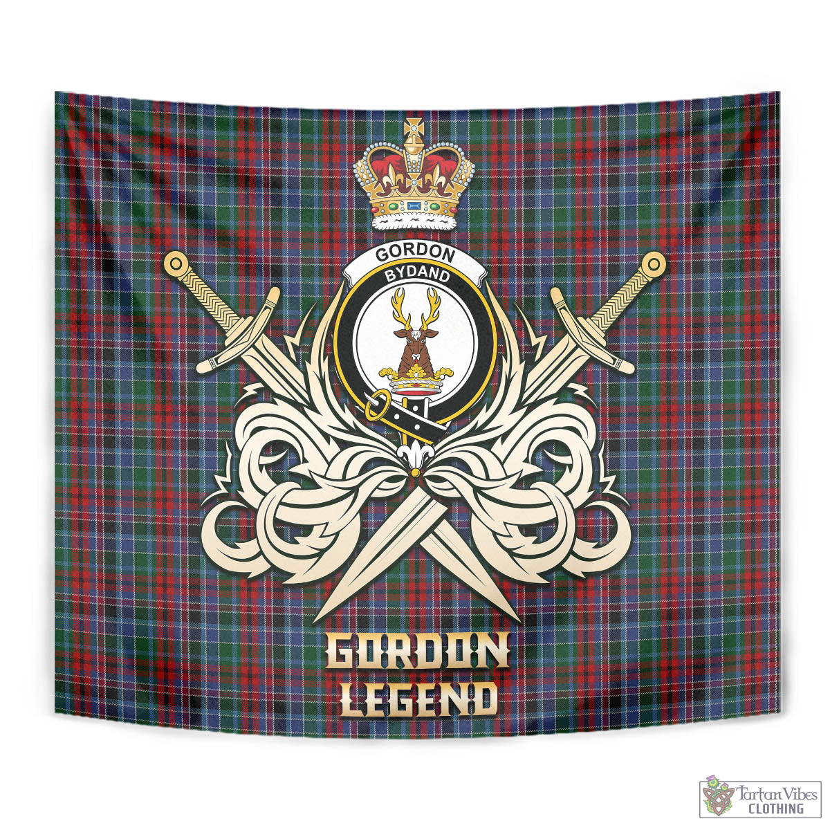 Tartan Vibes Clothing Gordon Red Tartan Tapestry with Clan Crest and the Golden Sword of Courageous Legacy