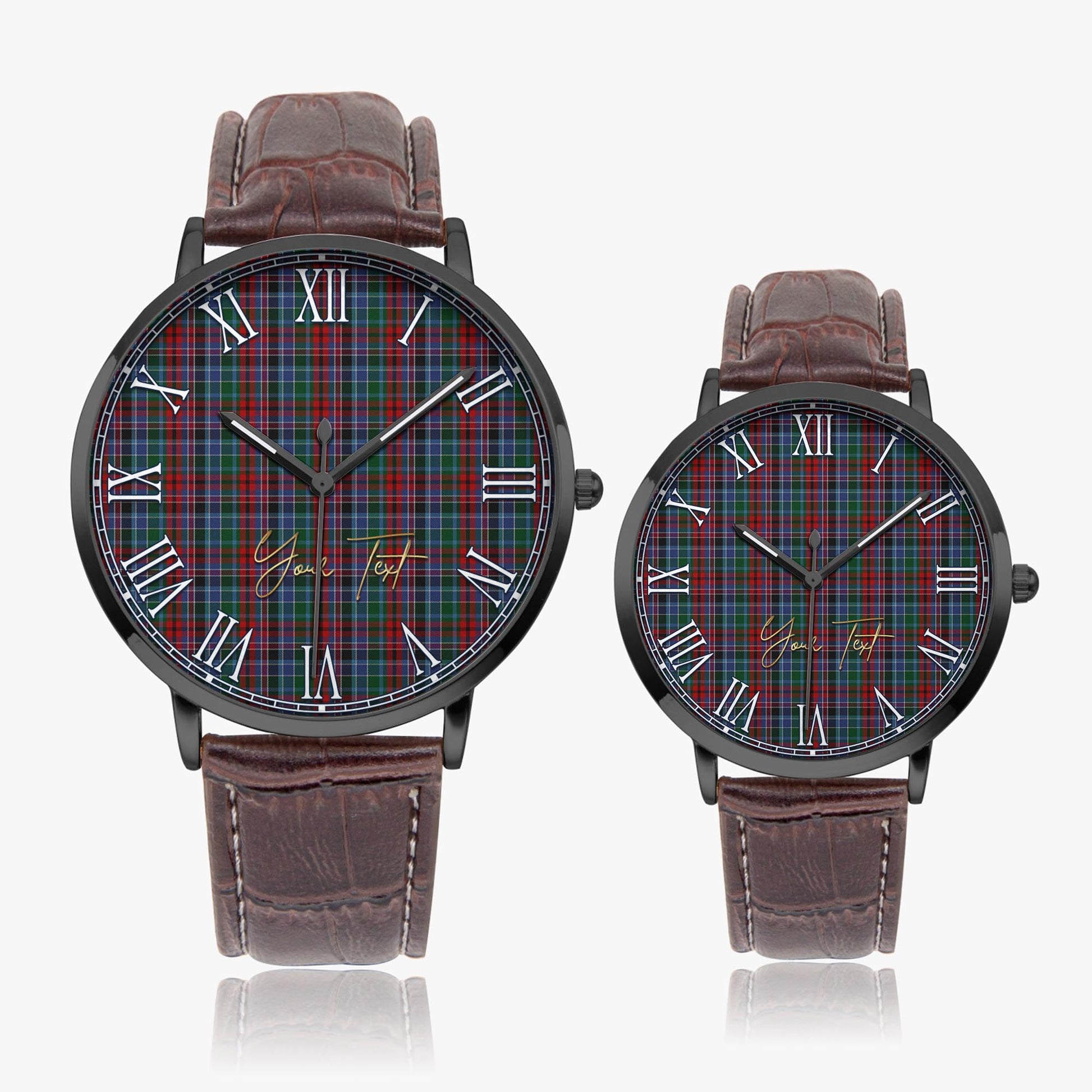 Gordon Red Tartan Personalized Your Text Leather Trap Quartz Watch Ultra Thin Black Case With Brown Leather Strap - Tartanvibesclothing