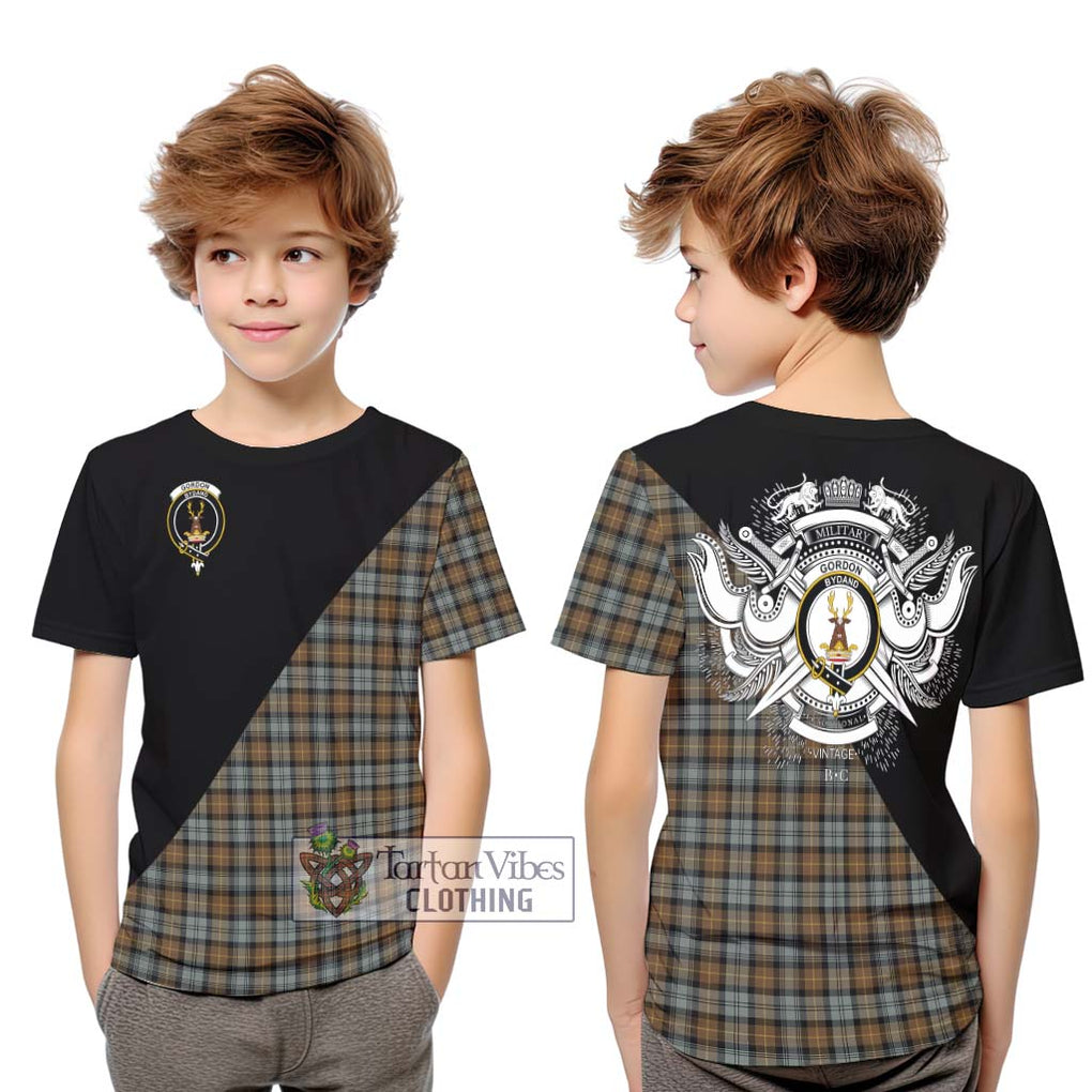 Gordon Weathered Tartan Kid T-Shirt with Family Crest and Military Logo Style Youth XL Size14 - Tartanvibesclothing Shop