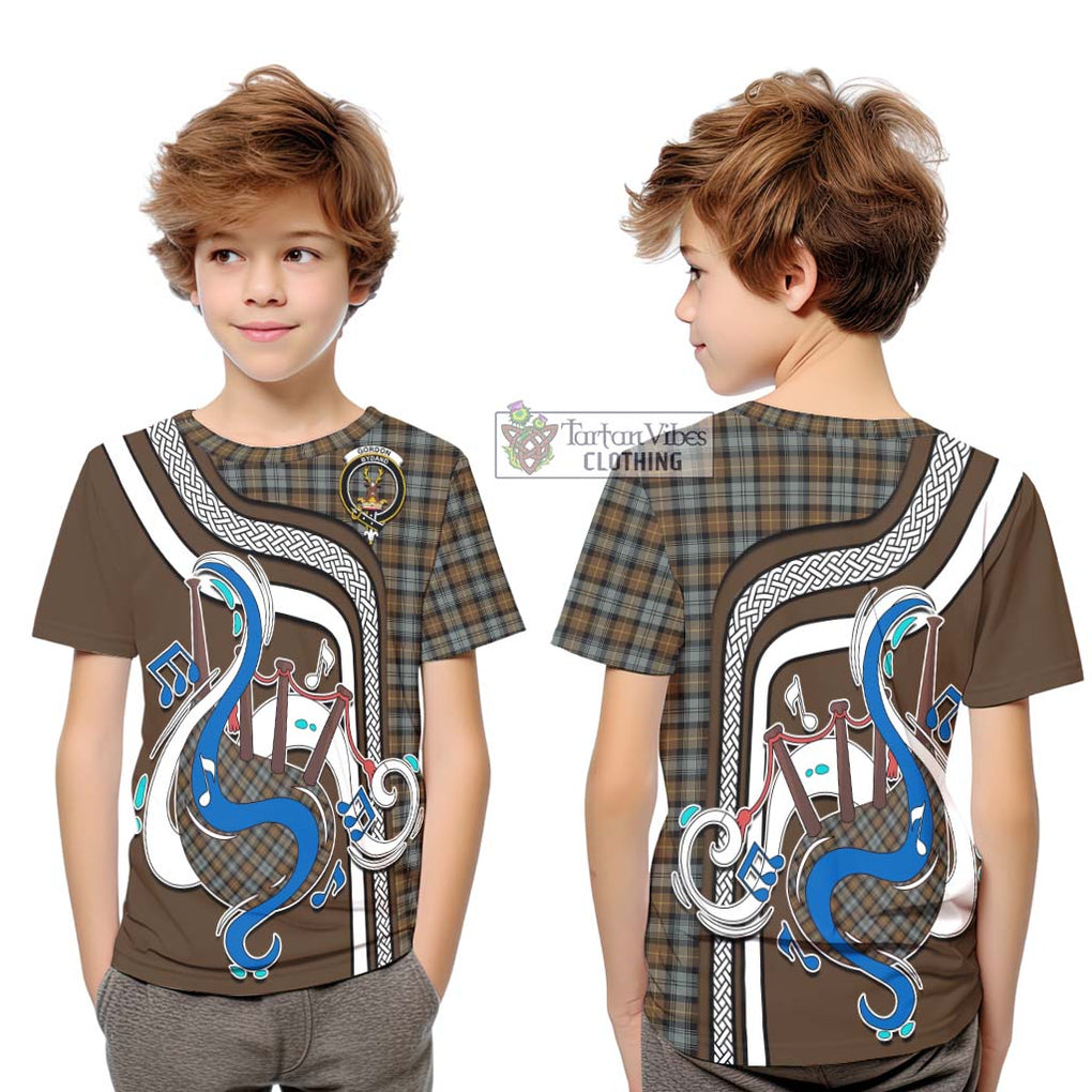 Tartan Vibes Clothing Gordon Weathered Tartan Kid T-Shirt with Epic Bagpipe Style