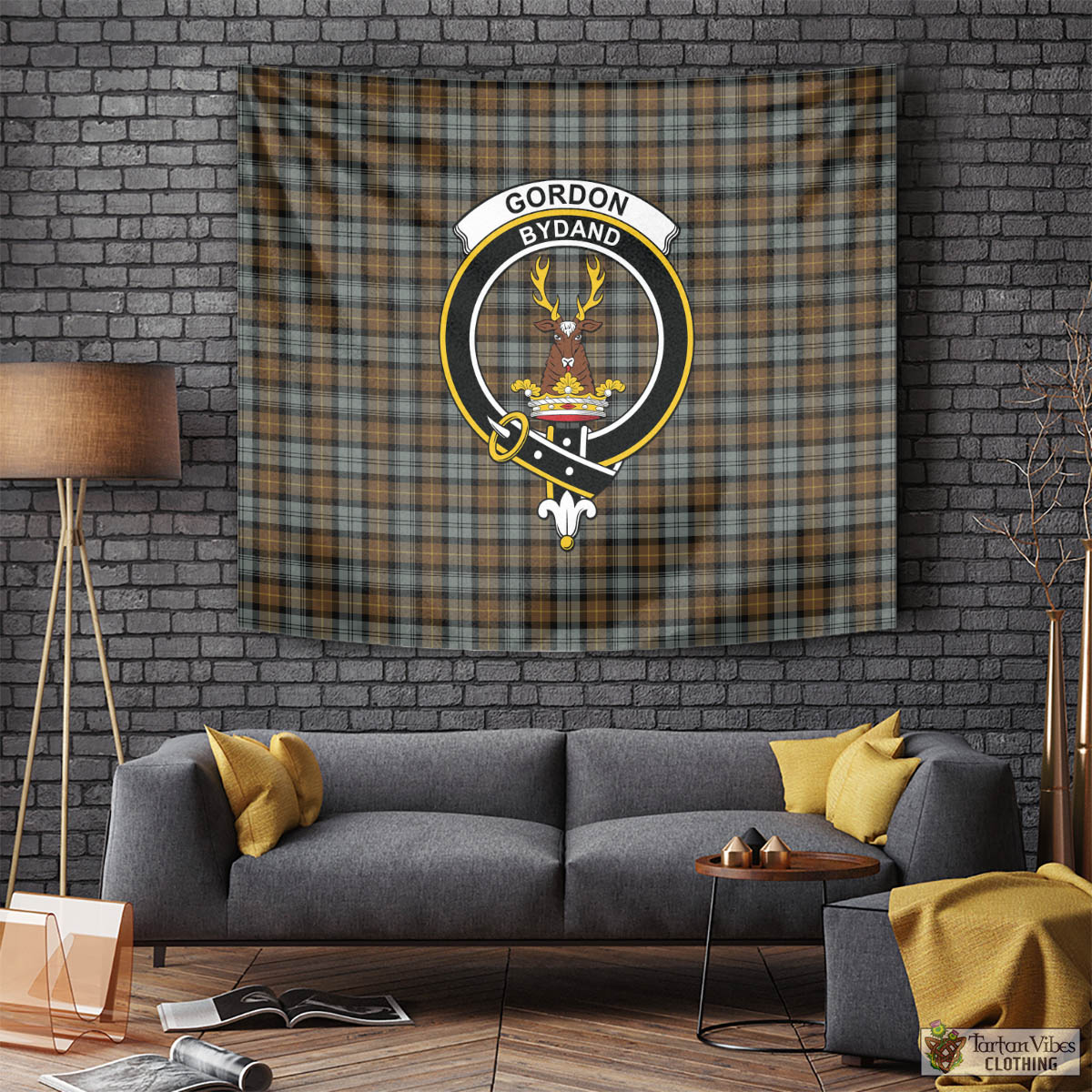 Tartan Vibes Clothing Gordon Weathered Tartan Tapestry Wall Hanging and Home Decor for Room with Family Crest