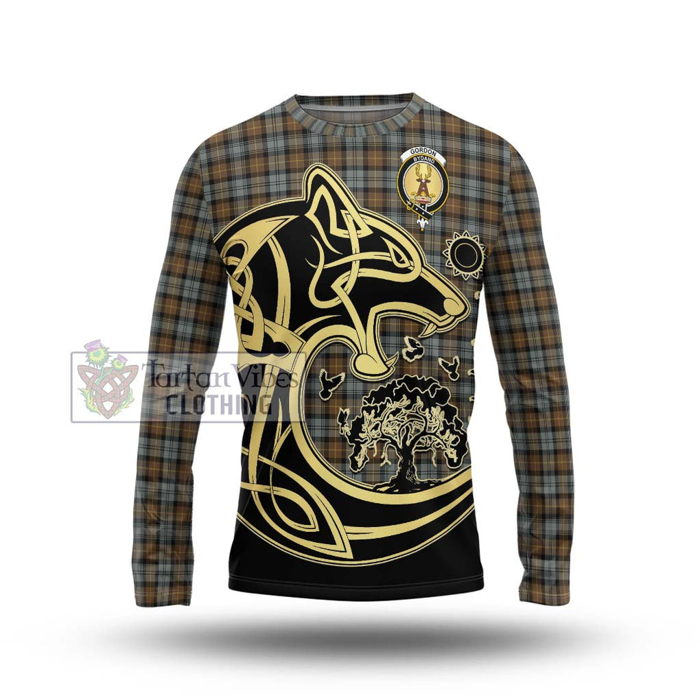 Gordon Weathered Tartan Long Sleeve T-Shirt with Family Crest Celtic Wolf Style Unisex - Tartan Vibes Clothing