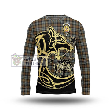 Gordon Weathered Tartan Long Sleeve T-Shirt with Family Crest Celtic Wolf Style